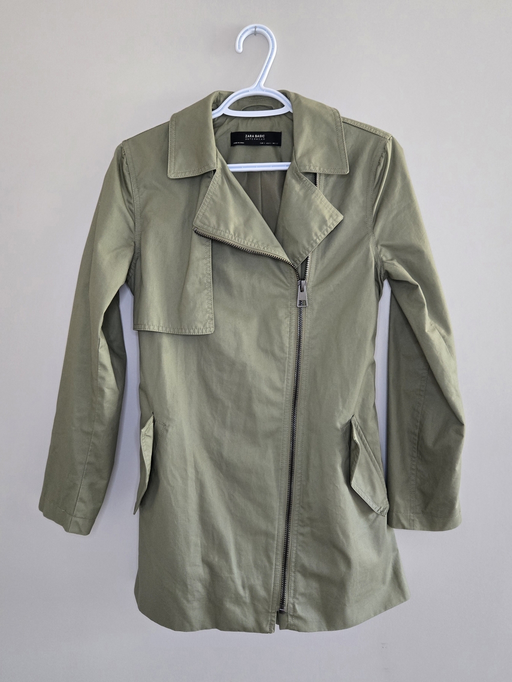 Zara light olive asymmetric zip belted trench coat, small, new